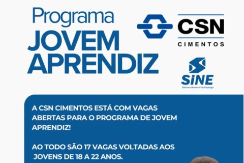 CSN Cimentos abre 17 vagas para o programa Jovem Aprendiz