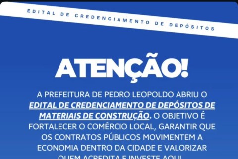 Prefeitura de Pedro Leopoldo abre credenciamento para depósitos de materiais de construção