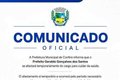 Prefeito de Confins se afasta temporariamente para tratamento de saúde; vice assume o Executivo