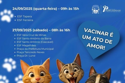 A Prefeitura de Pedro Leopoldo deu início à campanha de vacinação antirrábica gratuita para cães e gatos do município. A ação acontece durante todo o mês de setembro de 2025, em diferentes pontos da cidade, com objetivo de proteger os animais e prevenir a transmissão da raiva.