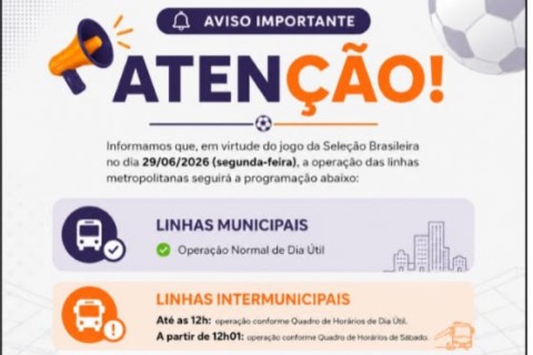 Linhas intermunicipais terão alteração de horário na segunda-feira devido ao jogo da Seleção Brasileira