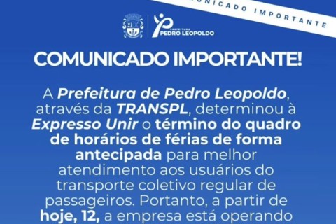 Prefeitura de Pedro Leopoldo antecipa fim do horário de férias no transporte coletivo