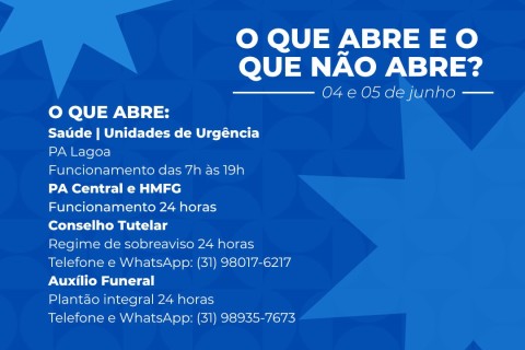 Confira o funcionamento dos serviços públicos de Pedro Leopoldo nos dias 4 e 5 de junho